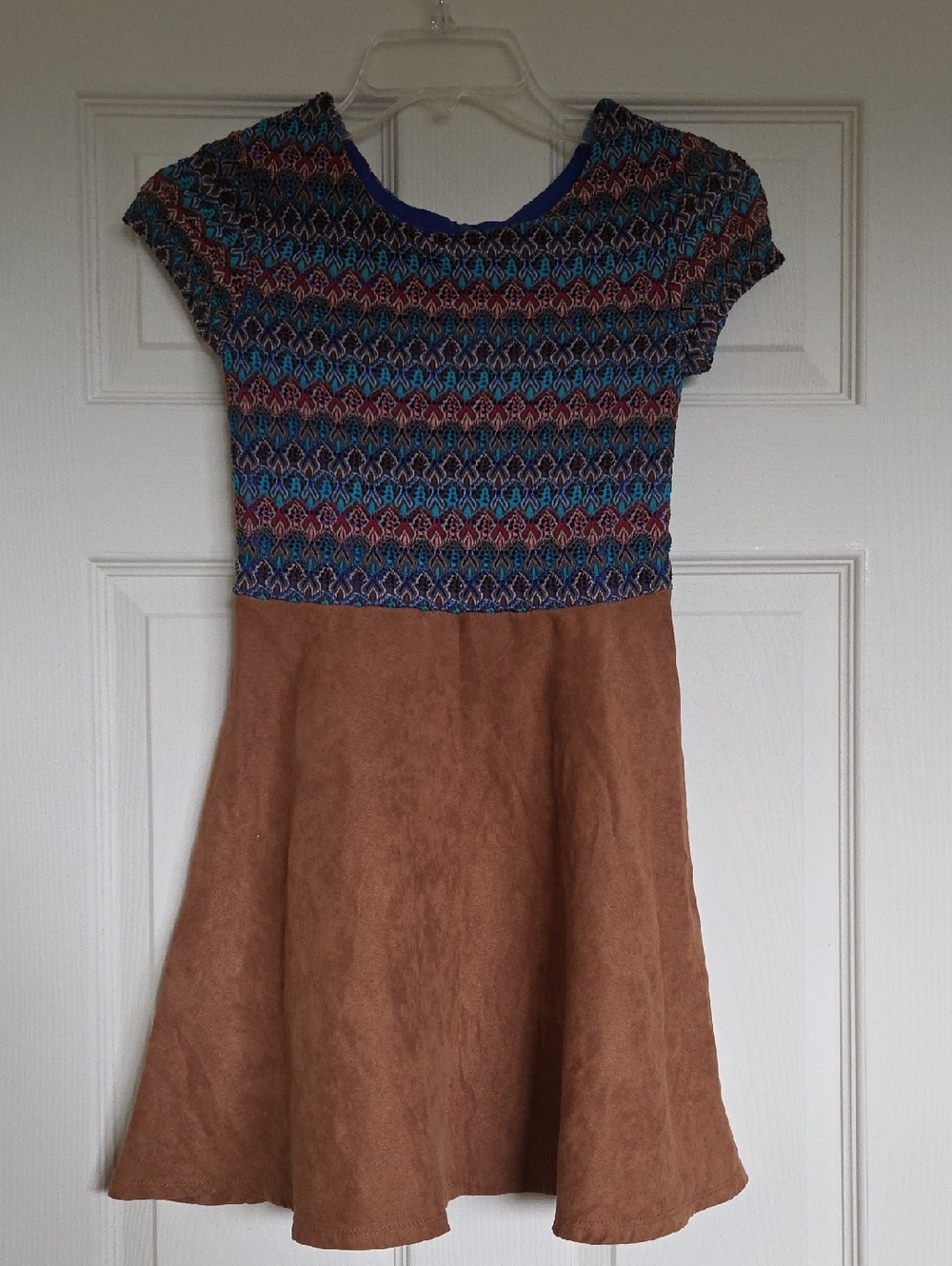 Girls Amy Byer Blue Patterned Top with Faux Suade Skirt Dress